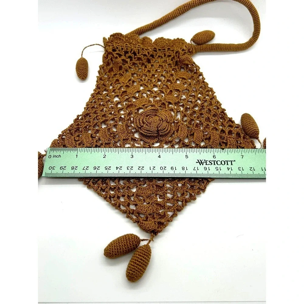 Vintage Handmade Open Crochet Drawstring‎ Handbag Purse Bag Unlined
